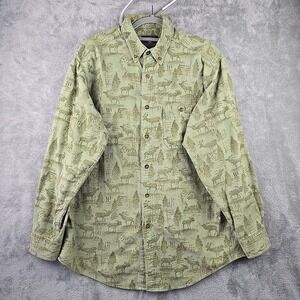 Woolrich Shirt Mens Large Green Moose Elk Print Flannel Button Down Hunting